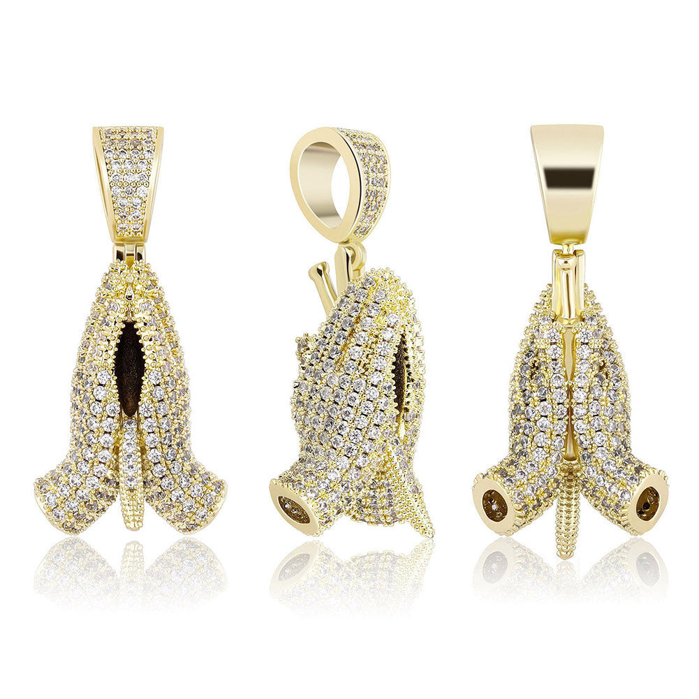 Hip Hop Praying Hand Rugged Cross Prong Set 14k Gold 925 Silver Pendant