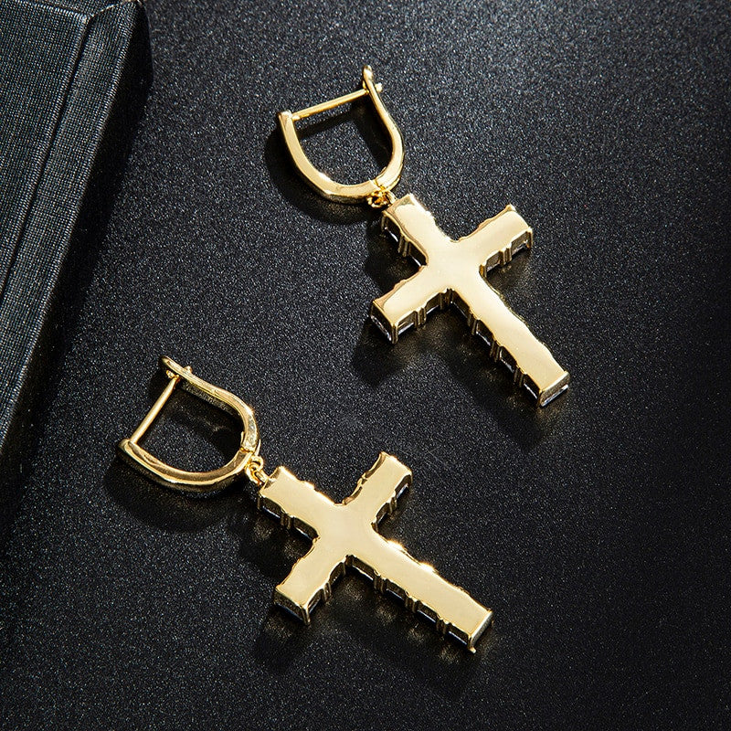 Hip Hop Micro Paved Designer Huggie Cross Flooded Ice Bling Earrings