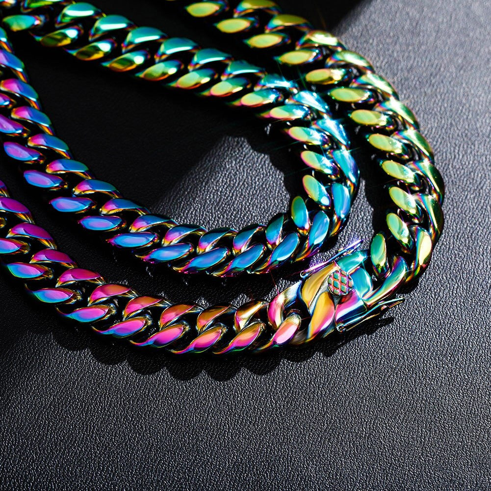 14mm Stainless Steel Fashion Rainbow Color Cuban Link Hip Hop Chain Necklace