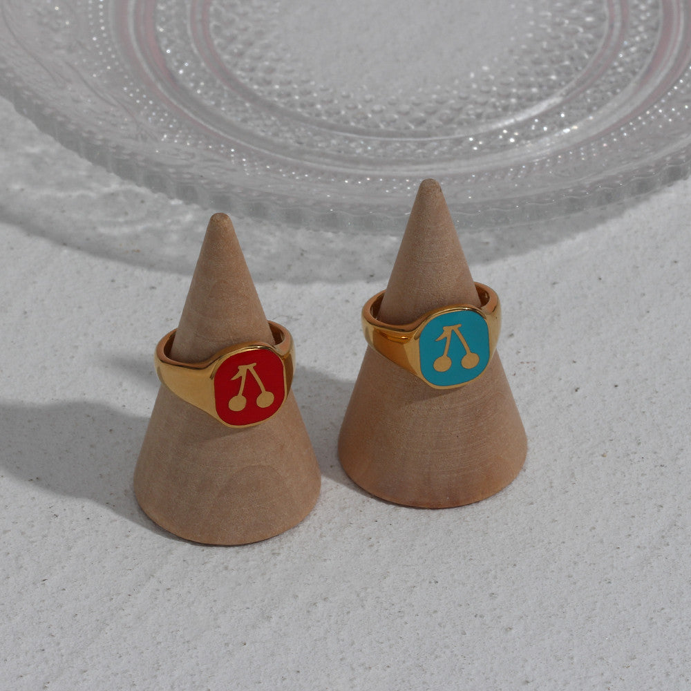 Ladies 18k Gold Solid Stainless Steel Black Red Blue Enamel Stone Cherry Ring