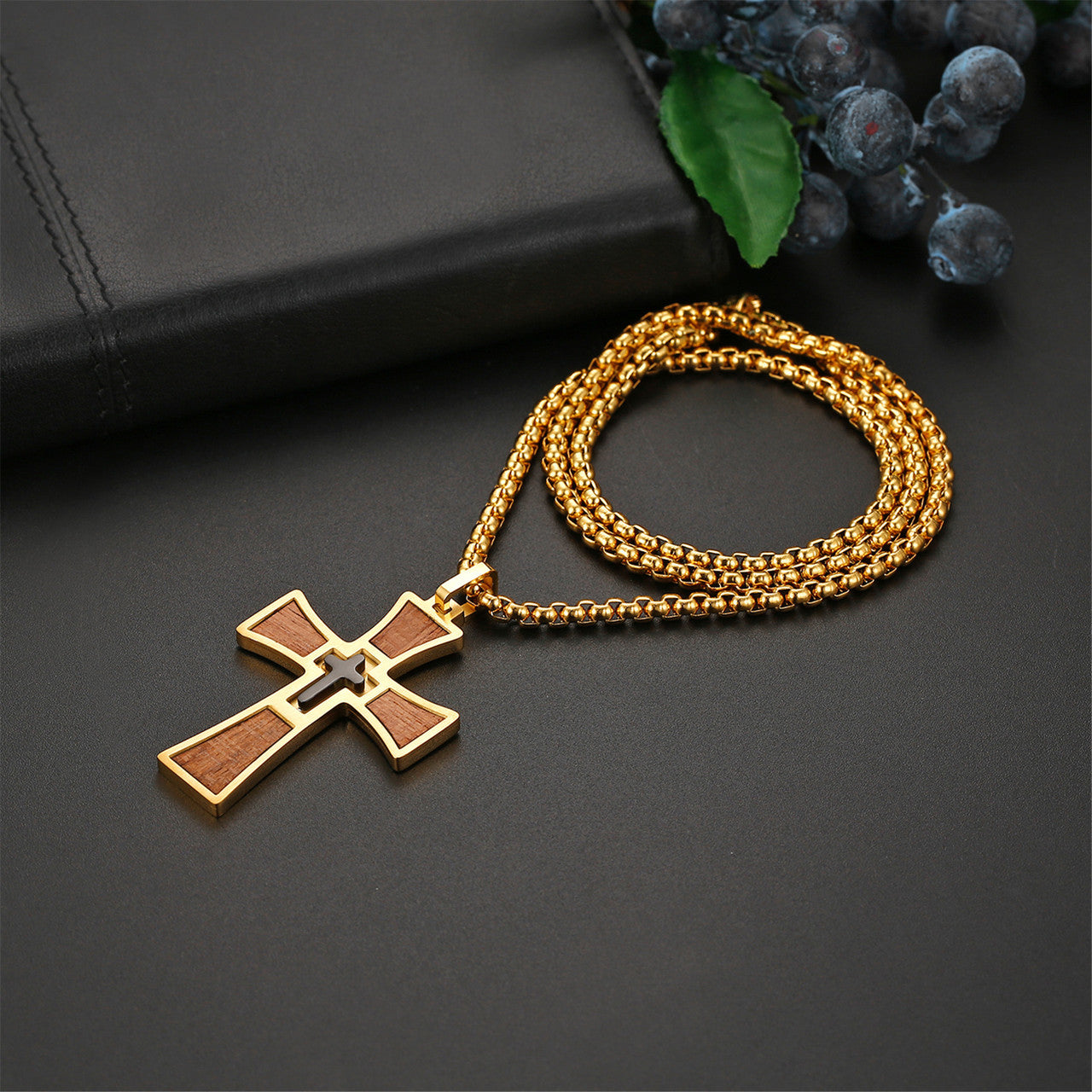 Mens Wooden Stainless Steel Double Cross Crucifix Black silver Gold Pendant Chain Necklace
