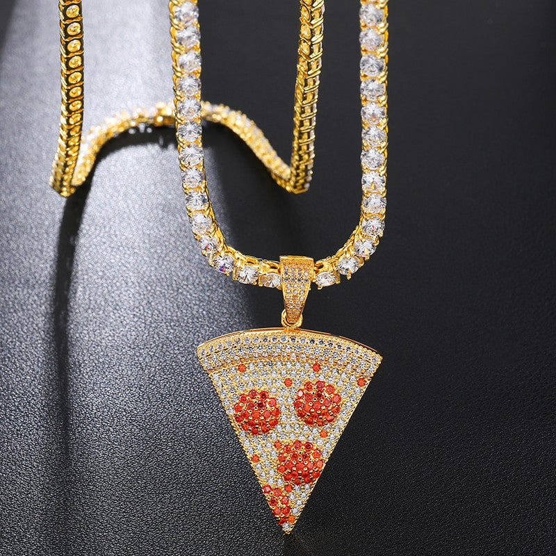 Hip Hop Full AAA Micro Pave Simulate Diamond Slice of the Pie Pizza Hip Hop Pendant Chain Necklace
