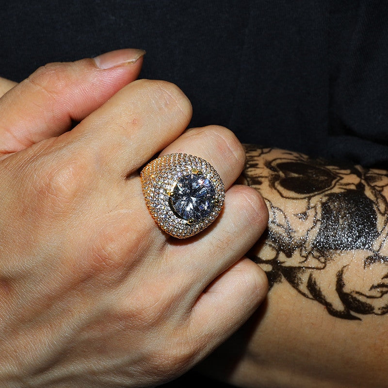 Mens Flooded Ice First Class 18k Gold .925 Silver Center Stone AAA Micro Pave Iced Rings