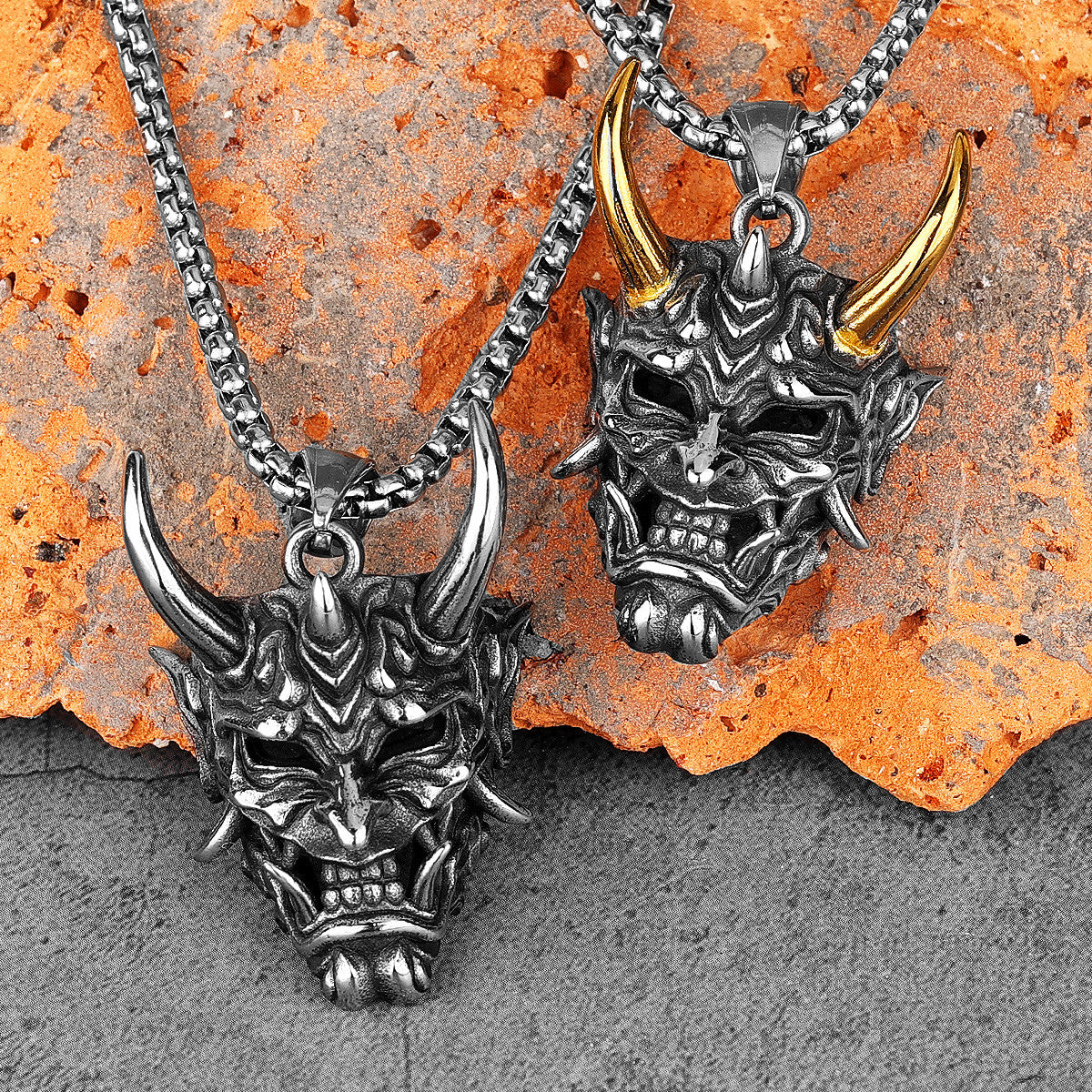 Prajna ll Mask | 316L Satainless Steel Japanese Hannya Shura Mask Horn Pendant Necklace