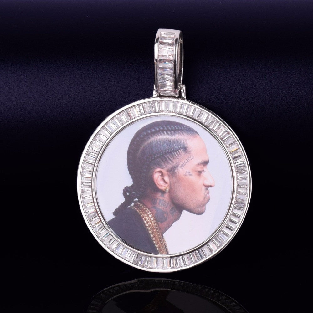 New Baguette AAA Flooded Ice Custom Made Photo Medallion Pendant Chain Necklace