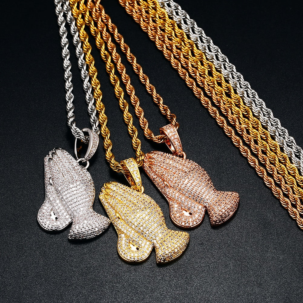 Mens Hip Hop 18k 925 Silver Rose Gold Jesus Hands Of Prayer Pendant Chain Necklace