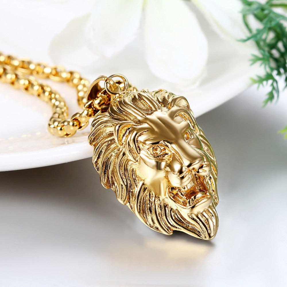Stainless Steel Lion Of Judah Black Gold Pendant Chain Necklace