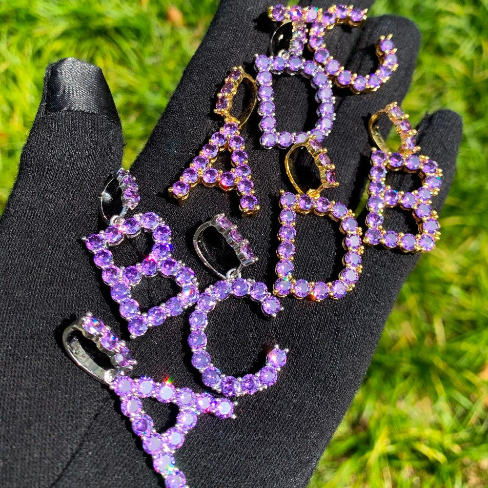 Iced Purple Candy Stone Flooded Ice Hip Hop Tennis Letters Pendant Chain Necklace