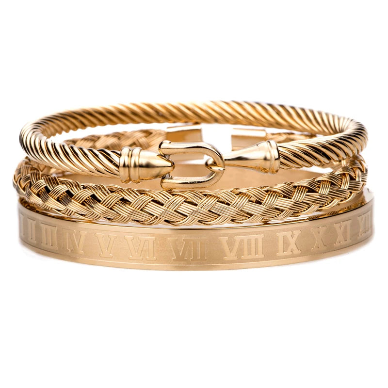 Royal Luxe | 3 Piece Luxury Cable Wire No Fade Stainless Steel Horseshoe Buckle Bracelets