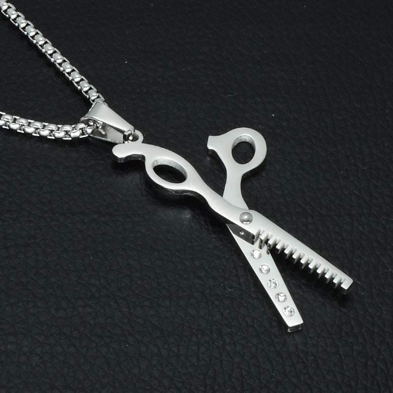 14k Gold Silver Bling Haircut Barber Scissors 316L Stainless Steel Chain Pendant