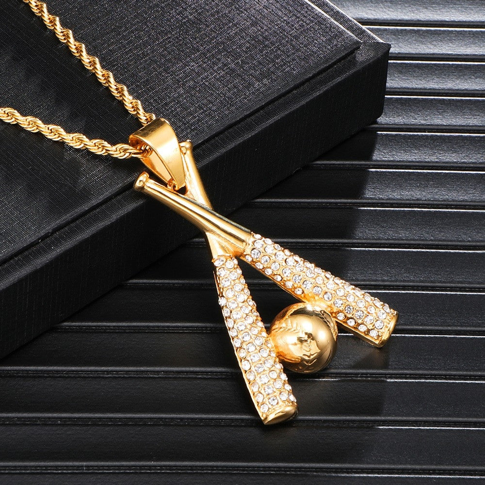 Double Play | 14k Gold Over Solid Stainless Steel Hip Hop Baseball Bling Iced Pendant