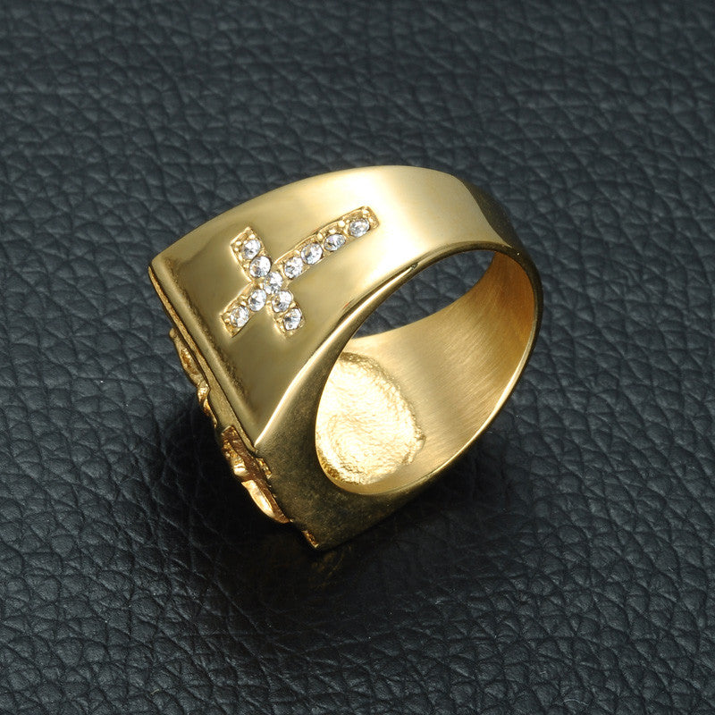 Mens Iced Out Gold Titanium Stainless Steel Crucifix Jesus Simulated Diamond Cross Ring