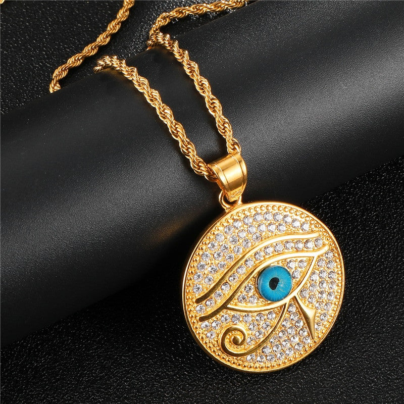 Golden Ra | 14k Gold Stainless Steel Ancient African Eye Of Ra Bling Pendant Chain Necklace