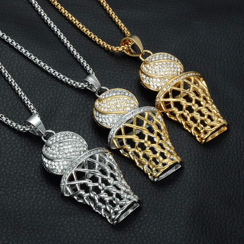 Iced Out Gold Full Simulated Diamond 316L Stainless Steel Basketball Chain Pendant