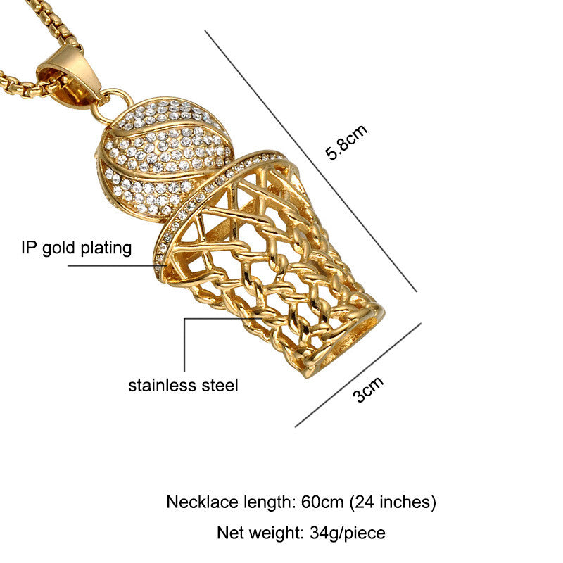 Hip Hop 18k Gold Full Simulated Diamond 316L Stainless Steel Basketball Chain Pendant