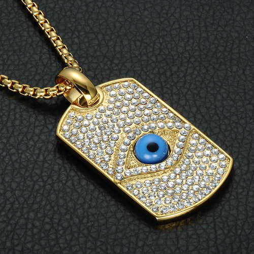 Illuminated Eye | Hip Hop Flooded Ice All Seeing No Fade Stainless Steel Dog Tag Necklace