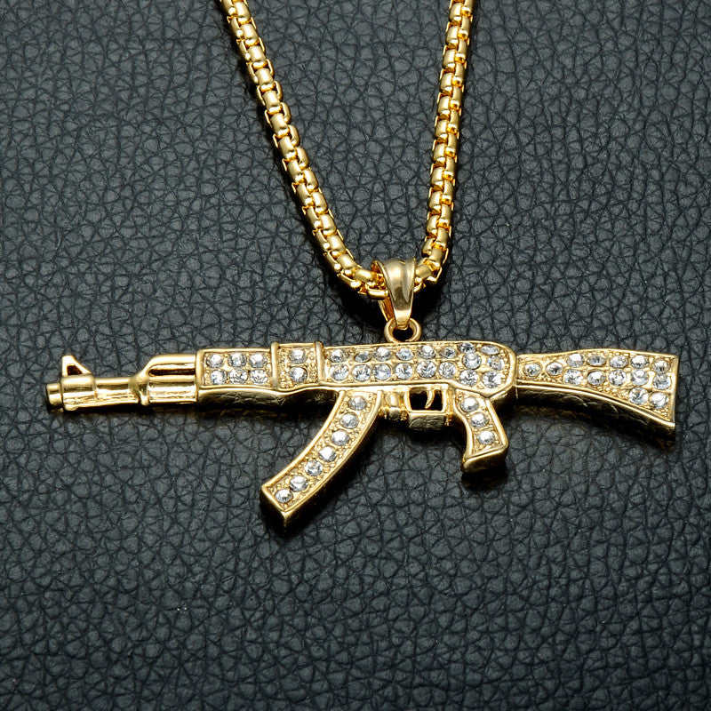 Flooded Ice AK47 Chopper Gun 14k Gold Stainless Steel Pendant Chain Necklace