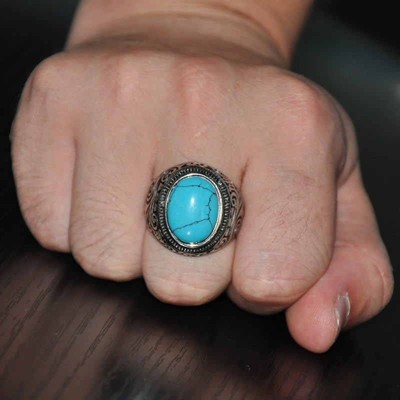 Mens Unique Turquoise Heavy Metal Casting Titanium Stainless Steel Ring