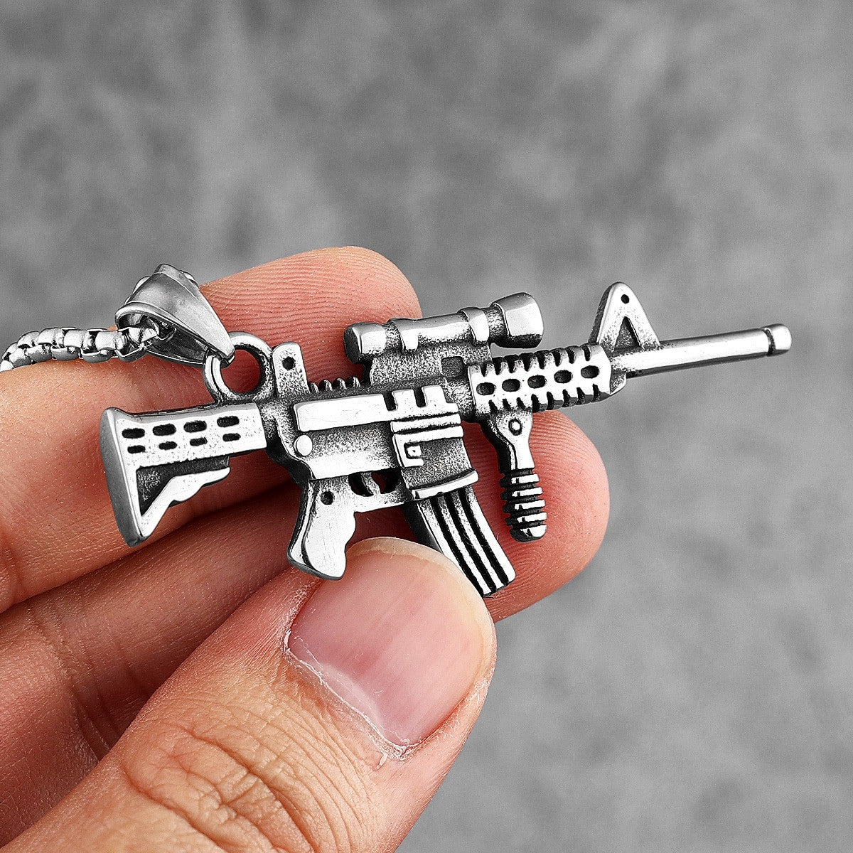 Mens No Fade 316L Stainless Steel HK416 Semi Auto Hip Hop Pendant Chain Necklace