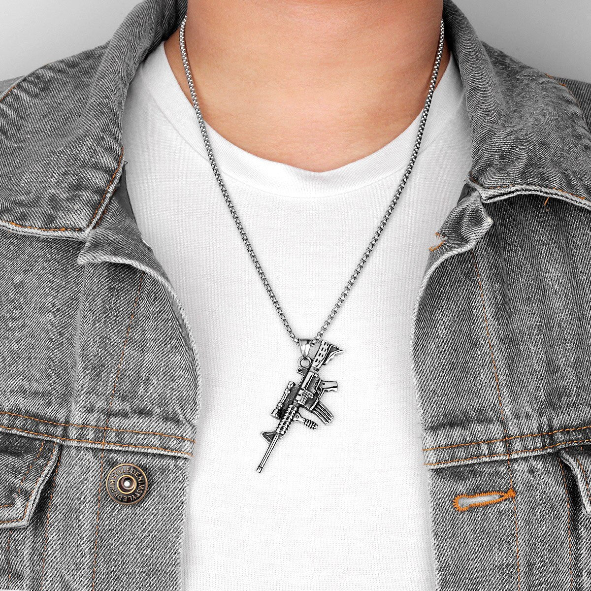Mens No Fade 316L Stainless Steel HK416 Semi Auto Hip Hop Pendant Chain Necklace