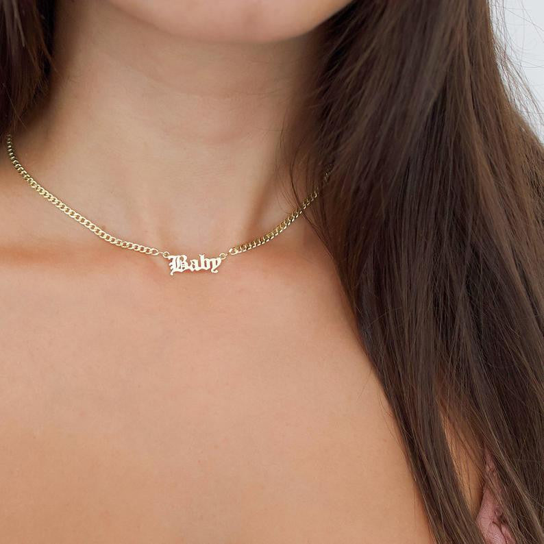 Ladies Rose Platinum 14k Rose Gold Stainless Steel Custom Name Cuban Link Chain Necklace