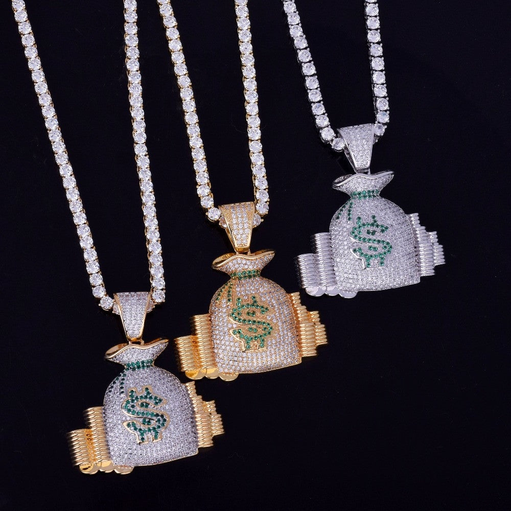 18k Gold Silver Money Bag Stack Cash Coins AAA True Micro Pave Hip Hop Chain Pendant