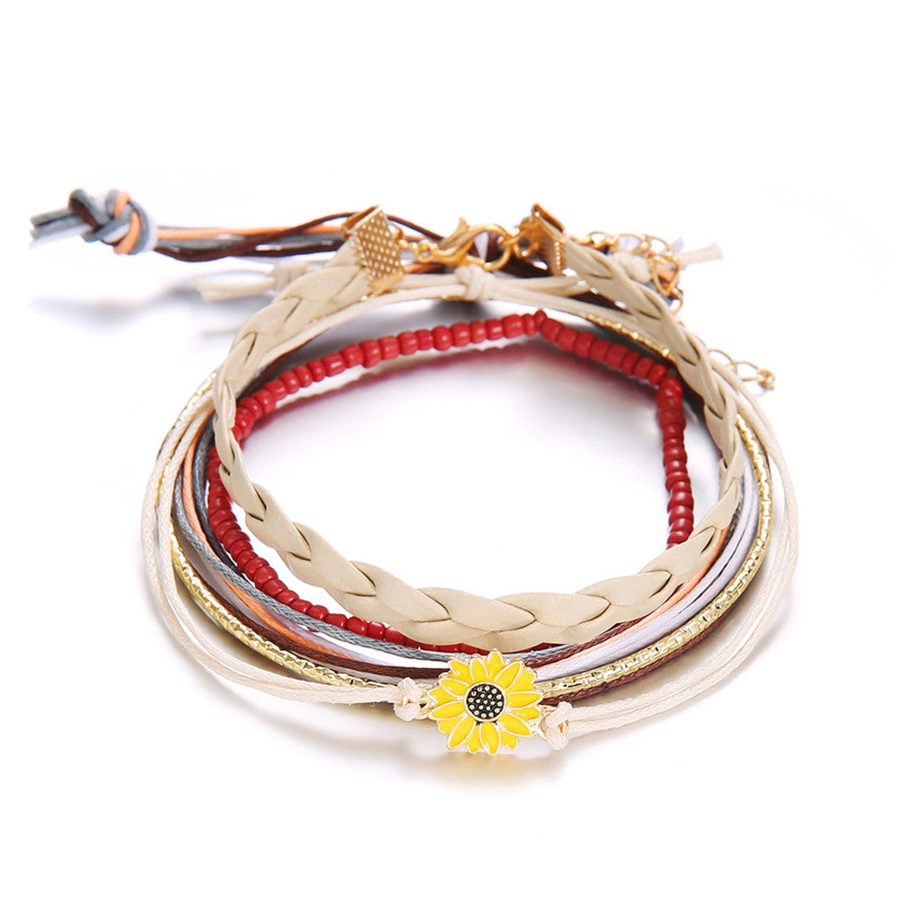 Sunflower Leather Rope Boho Style Reto 5 Piece Bracelet Set