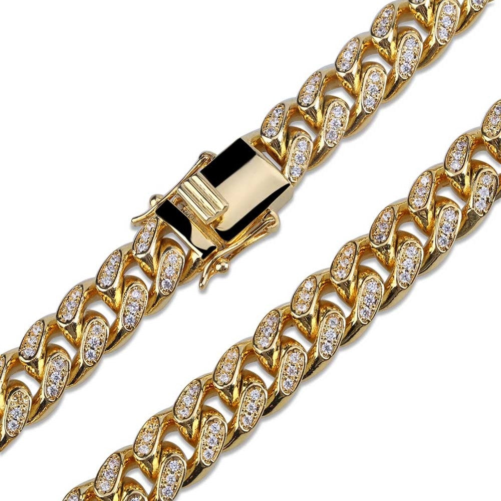 10mm Miami Cuban Link Micro Pave Stone 14k Gold 925 Silver Hip Hop Chain