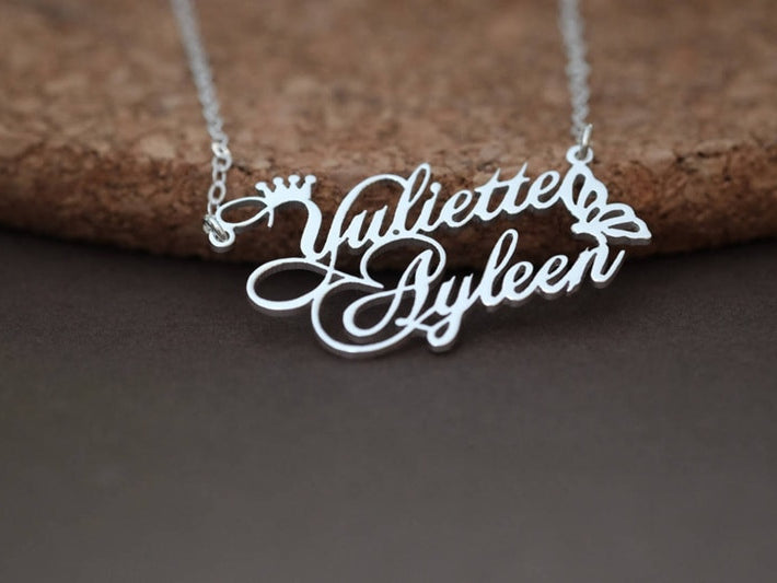 Ladies Butterfly Queen Crown Custom Name Platinum 18k Rose Gold Stainless Steel Necklace