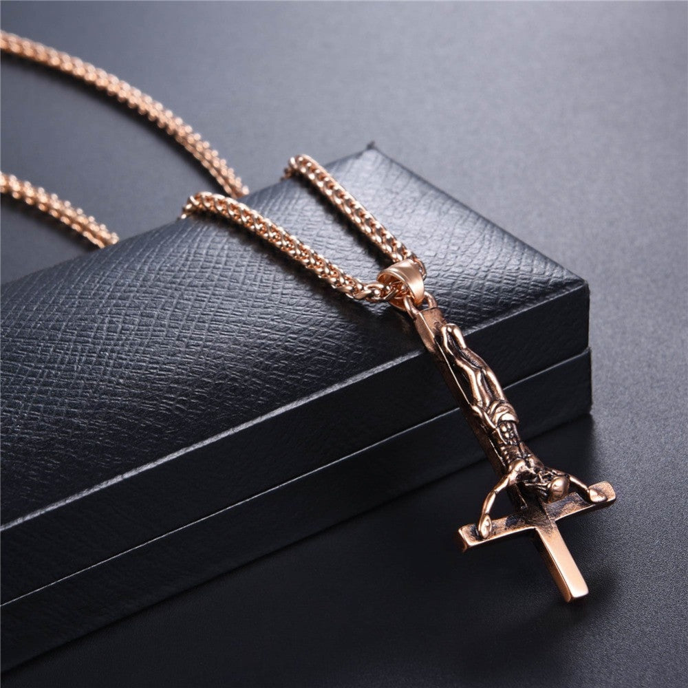 Inverted Upside Down Peter Cross Stainless Steel No Fade Bling Pendant Chain Necklace
