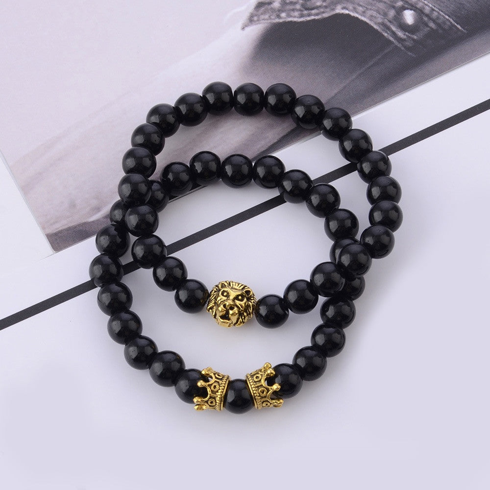 Mens King Of Kings Lion Crown Beaded Bracelet 2 Piece Set