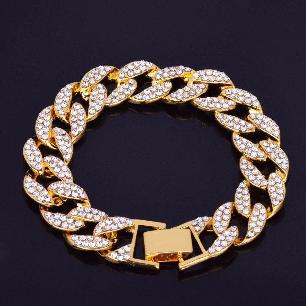 14k Gold .925 Silver Mens Hip Hop Handset Set AAA Stone Cuban Link Bracelet