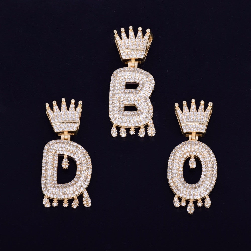 18k Gold .925 Silver Custom Crown Bail Drip Drop Initials Bubble Letters Hip Hop Pendant Chain Necklace