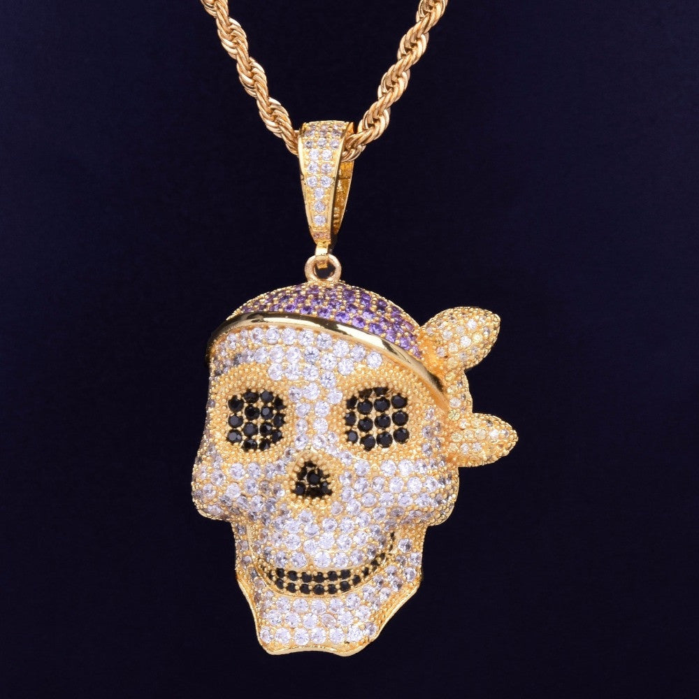 AAA Micro Pave Skull Pirate Hip Hop 18k Gold .925 Silver Bling Pendant Chain Necklace