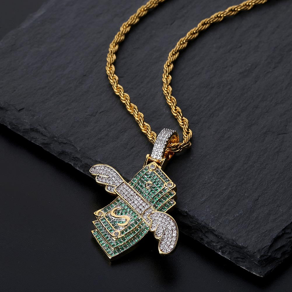 Money Flying To Me Solid Hip Hop Micro Pave Stone Iced Pendant Chain Necklace