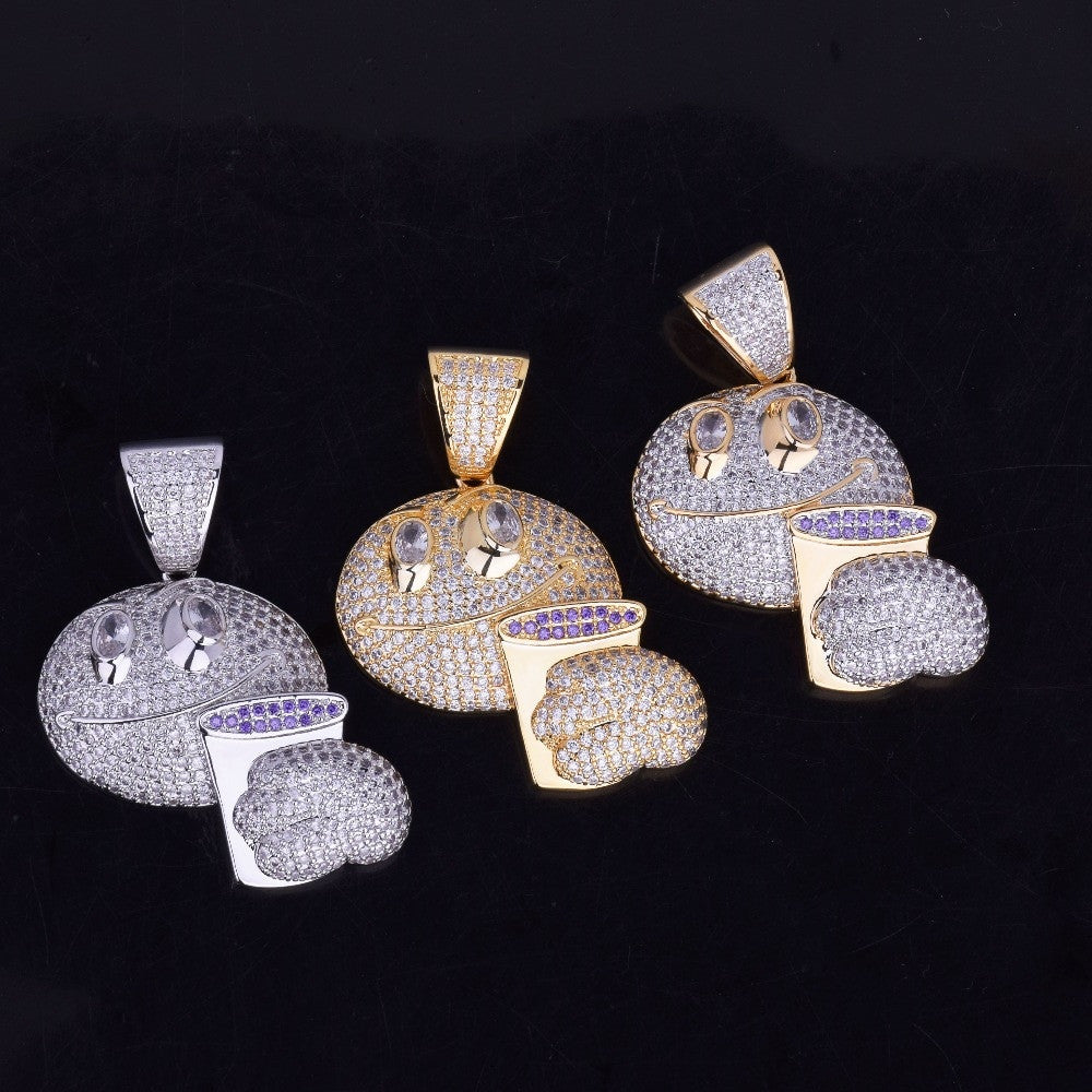 18k Gold .925 Silver Drunk Lean Emoji Holding Purple Cup AAA Micro Pave Pendant Chain Necklace