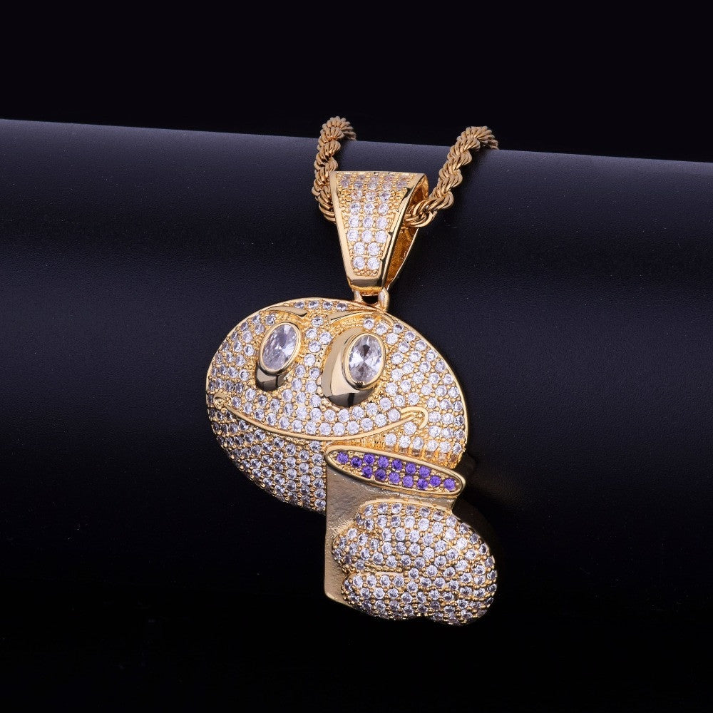 18k Gold .925 Silver Drunk Lean Emoji Holding Purple Cup AAA Micro Pave Pendant Chain Necklace