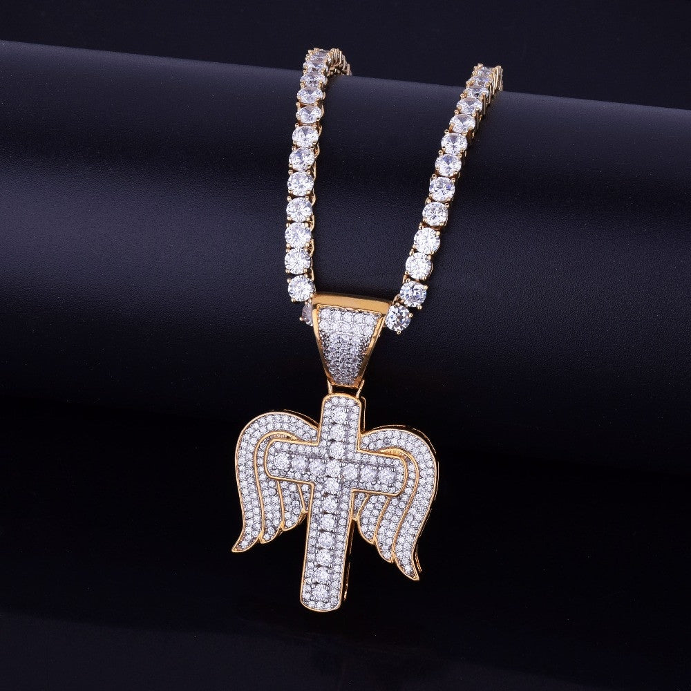 Flooded Ice 18k Gold .925 Silver Cross Angel Wings Hip Hop Necklace Chain Pendant