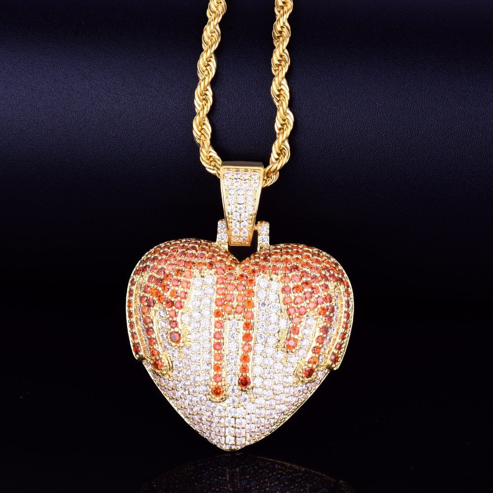 18k Rose Gold .925 Silver Blood Overflowing Heart AAA Micro Pave Hip Hop Pendant Chain Necklace