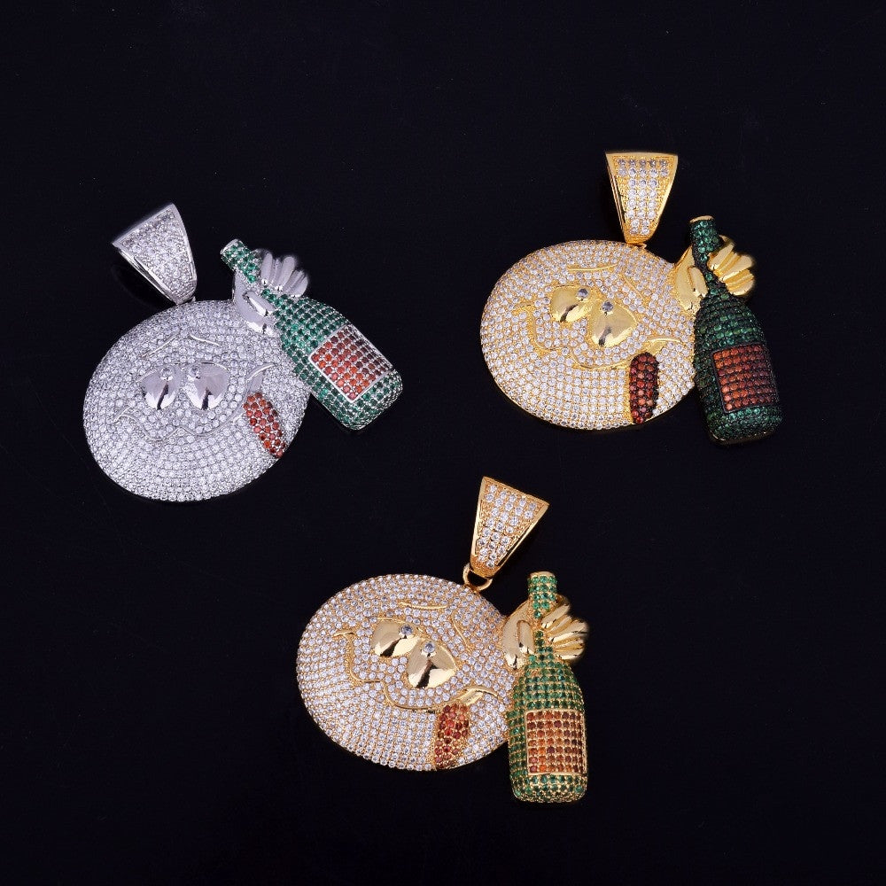 Flooded Ice Micro Pave 18k Gold .925 Silver Drunk Emoji Face Wine Bottle Bling Pendant