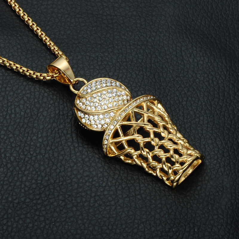 Hip Hop 18k Gold Full Simulated Diamond 316L Stainless Steel Basketball Chain Pendant