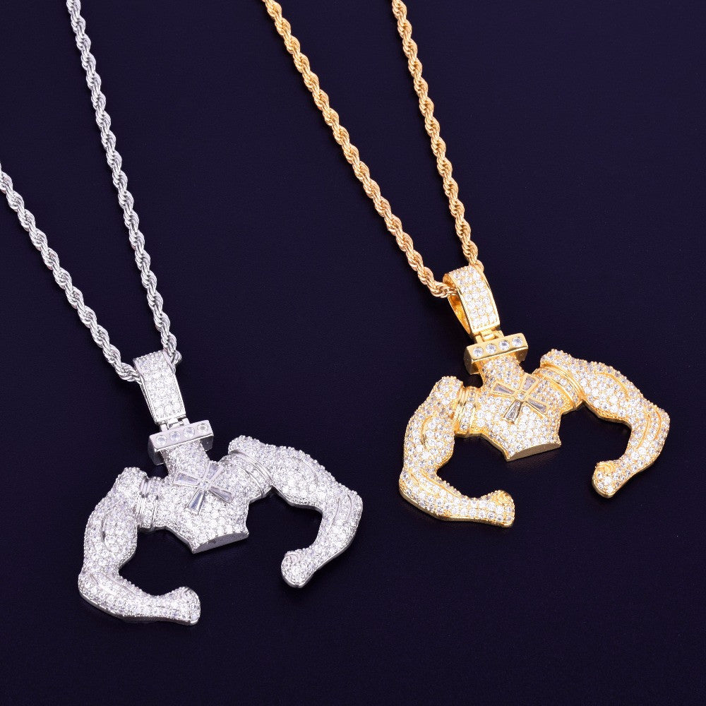 18k Gold .925 Silver Strong Armed Flexing Hip Hop Pendant Chain