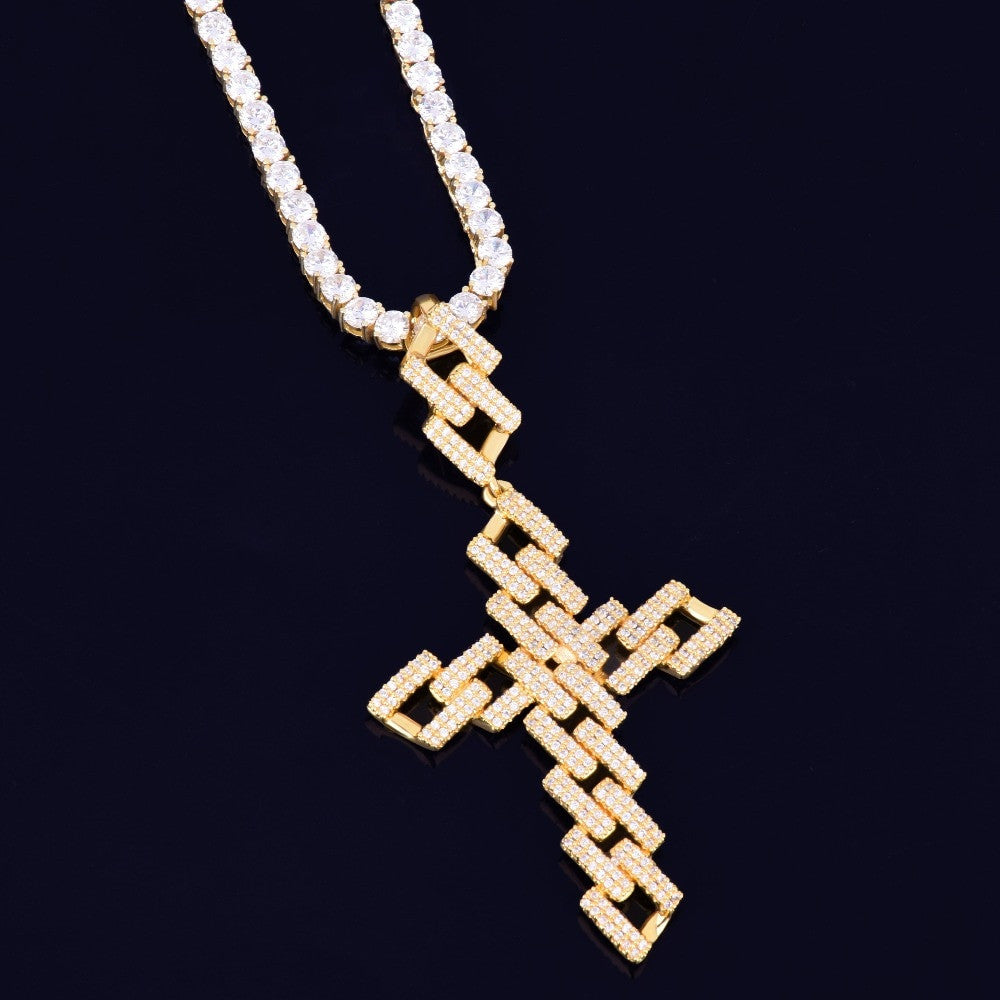 AAA True Micro Pave 18k Rose Gold .925 Silver Miami Cuban Link Cross Pendant