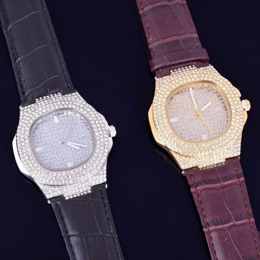 Mens Lab Diamond Luxury Iced Faced 925 Silver 14k Gold Stainless Steel Bling Leather Watch