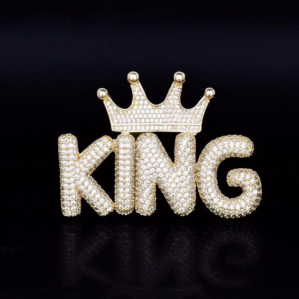 Mens Iced Bling Kings Crown Small Flooded Ice Bubble Letters Custom Pendant Chain Necklace