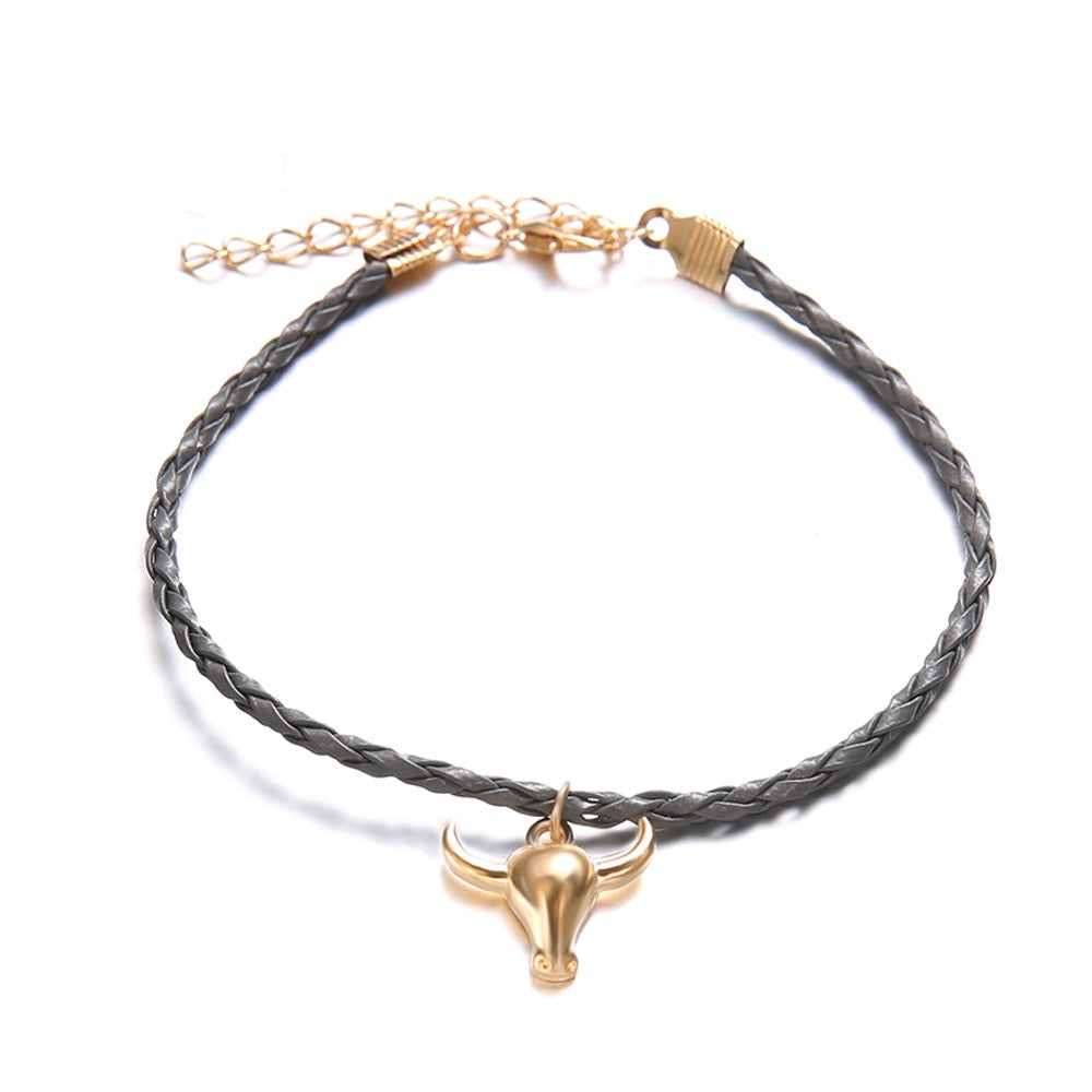 Boho Personality Girl Gold Silver Bull Skull Colorful Leather Braided Bracelet Set