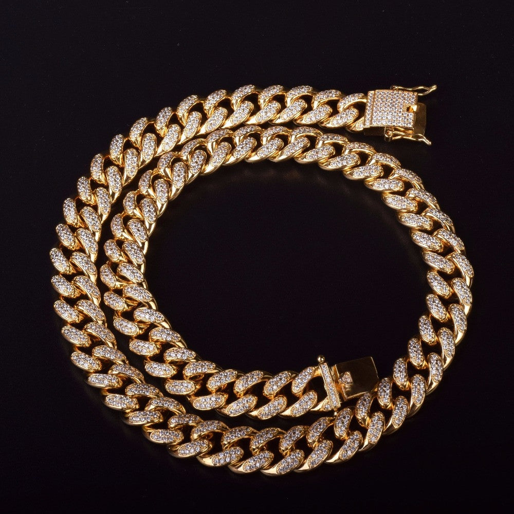 24k Gold .925 Silver Rose Gold 12mm AAA True Micro Pave Cuban Link Box Lock Chain Necklace