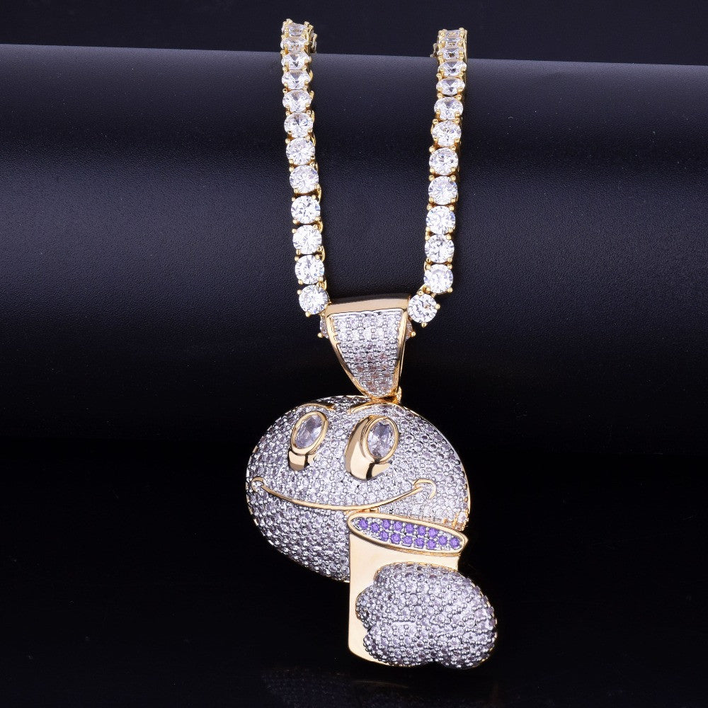 18k Gold .925 Silver Drunk Lean Emoji Holding Purple Cup AAA Micro Pave Pendant Chain Necklace
