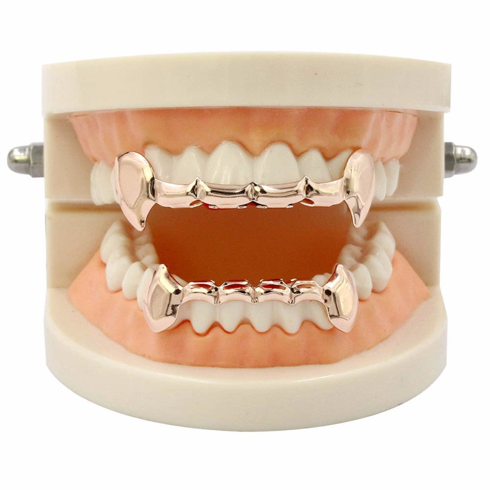 Gold Silver Rose Gunmetal Fang Slim Grillz Top Bottom Set