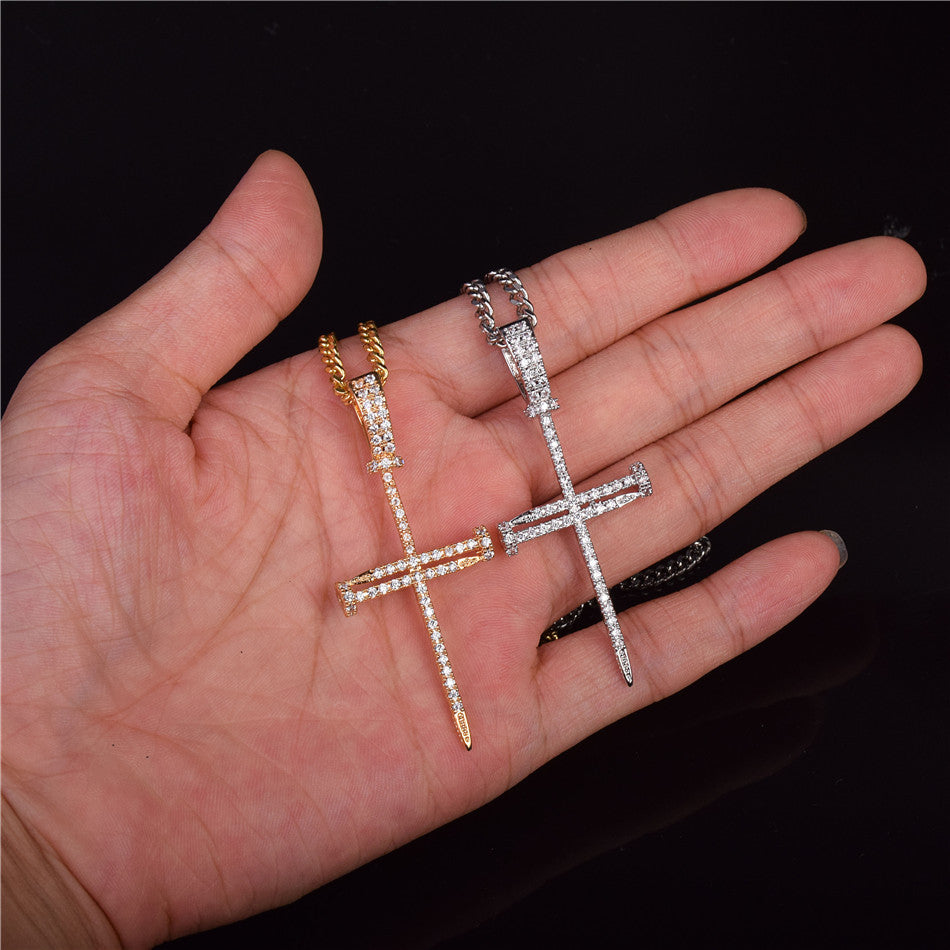 22k Gold .925 Silver Jesus Nails AAA Micro Pave Cross Pendant Chain Necklace